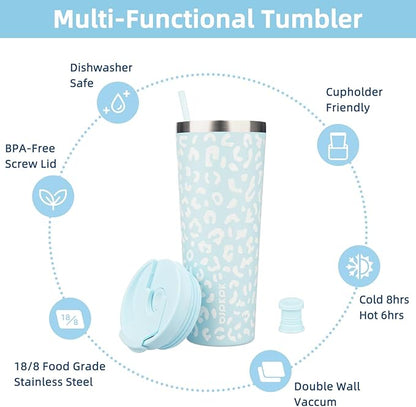 BJPKPK 26oz Tumbler With lid And Straw Stainless Steel Travel Coffee Mug Insulated Tumblers Cups,Light Blue Leopard