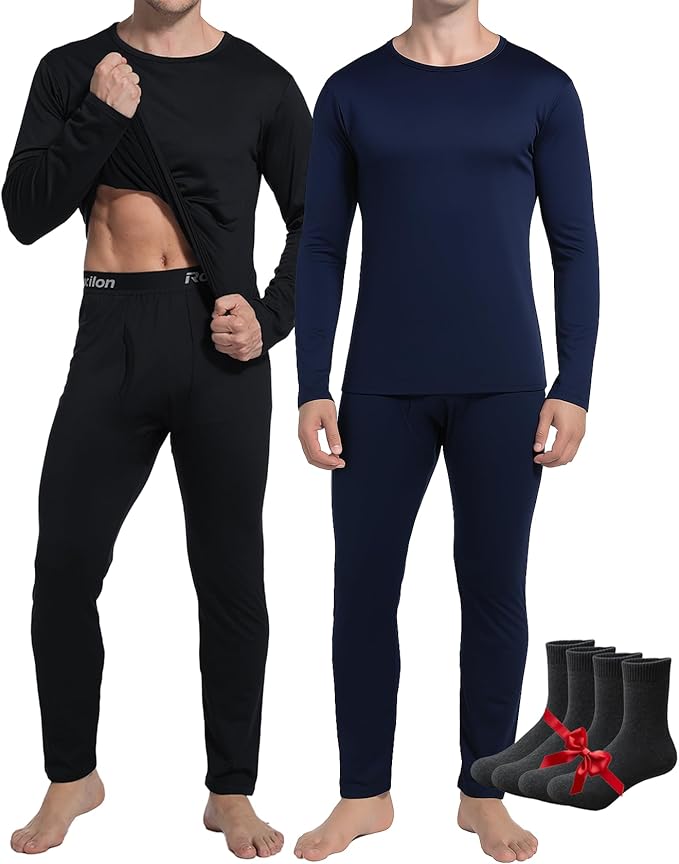 2 Pack Thermal Underwear Long Johns for Men Fleece Lined Base Layer Tops and Bottoms Set Cold Weather Winter Gear