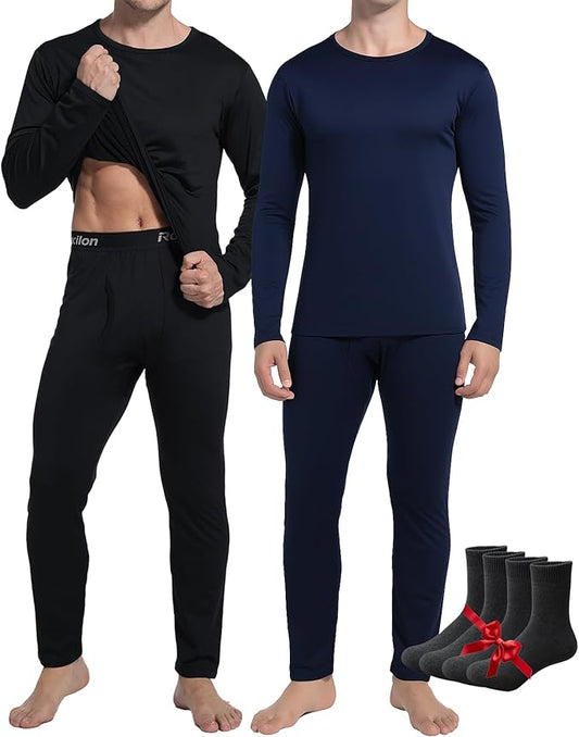 2 Pack Thermal Underwear Long Johns for Men Fleece Lined Base Layer Tops and Bottoms Set Cold Weather Winter Gear