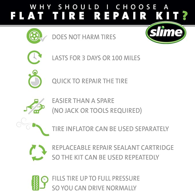 Slime 50123 Flat Tire Puncture Emergency Kit, Includes Sealant and Tire Inflator Pump, Digital, Suitable for Cars and Other Highway Vehicles, 8 Min Fix