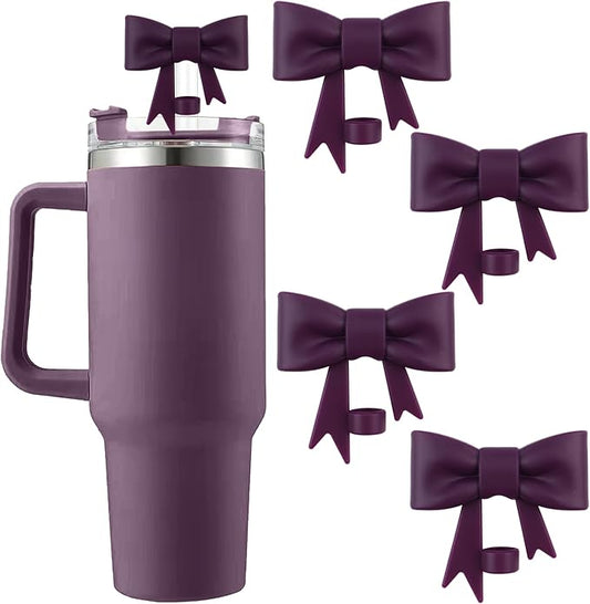 4Pcs Silicone Straw Toppers Covers for Stanley Cups 40/30oz 10mm(0.4in) Dust-Proof Bow Straw Covers Toppers Suitbale for Stanley Cup Accessories Reusable Straws Caps (Dark Purple)