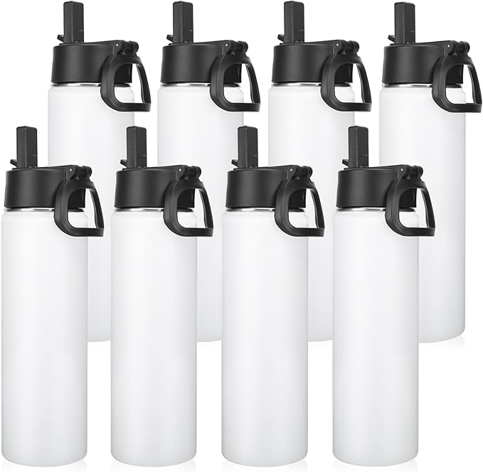 Neihepal 22 oz Insulated Water Bottles Bulk, Stainless Steel Water Bottles Bulk with Leak Proof Straw Lid, Wide Mouth Double Walled Vacuum Keeps Cold and Hot(White,8 Pack)