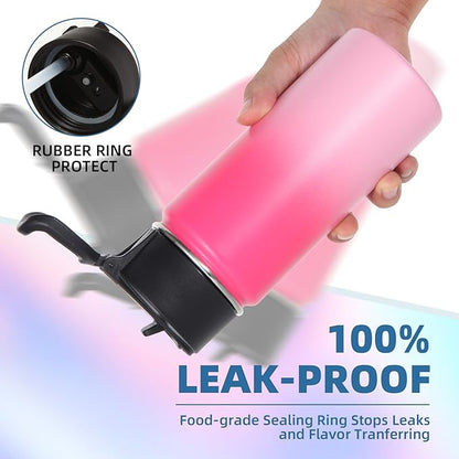 Volhoply Kids Insulated Water Bottle with Straw,16oz Stainless Steel Cold Water Bottles for School,BPA-Free Metal Wide Mouth Cups with Handle Lid,Reusable Double Wall Vacuum Sport Flask(Peach,1)