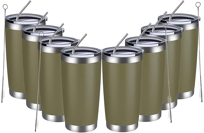 MEWAY 20oz Tumbler 8 Pack Double Wall Vacuum Insulated Travel Mug Bulk, Stainless Steel Tumblers with Lid and Straw, Durable Powder Coated Coffee Cups for Cold & Hot Drinks (Army Green, 8)