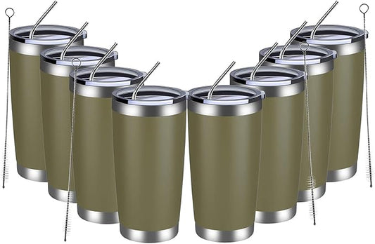 MEWAY 20oz Tumbler 8 Pack Double Wall Vacuum Insulated Travel Mug Bulk, Stainless Steel Tumblers with Lid and Straw, Durable Powder Coated Coffee Cups for Cold & Hot Drinks (Army Green, 8)