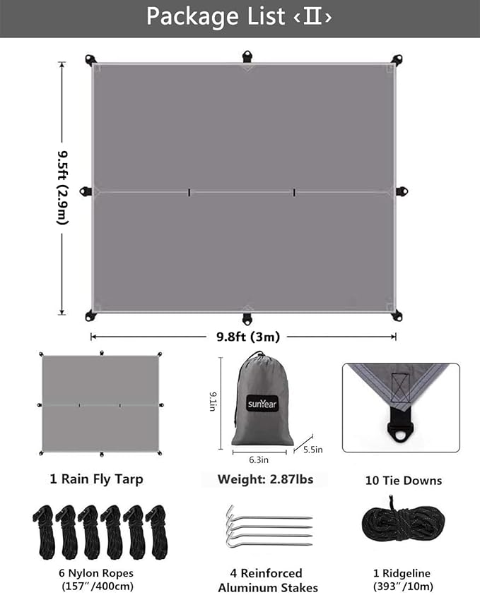 Sunyear Hammock Camping with Rain Fly Tarp and Net, Portable Camping Hammock Double Tree Hammock Outdoor Indoor Backpacking Travel & Survival, 2 Tree Straps,100% Waterproof