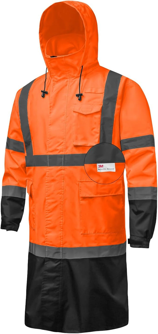 Hi Vis Rain Jacket with 3M Reflective Stripe,High Visibility Class 3 Rain coats,Safety Waterproof Rain Suits for Men with Hood and 2 Large Pockets construction work rain gear(Orange 3XL)