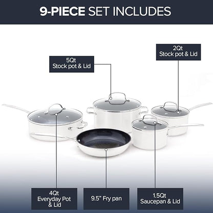 Nuwave Healthy Duralon Blue Ceramic Nonstick Coated 9pc Cookware Set, Scratch-Resistant Diamond Infused, PFAS Free, Induction Ready & Evenly Heats, Oven Safe, Tempered Glass Lids