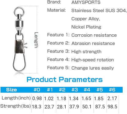 AMYSPORTS Stainless Steel Fishing Swivel Snap Ball Bearing Snap Swivels Fishing High Strength Saltwater Swivels Snaps Interlock Fishing Tackle Swivel Fishing Line Connector