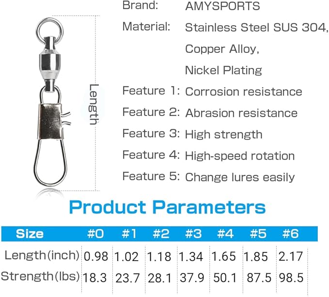 AMYSPORTS Stainless Steel Fishing Swivel Snap Ball Bearing Snap Swivels Fishing High Strength Saltwater Swivels Snaps Interlock Fishing Tackle Swivel Fishing Line Connector