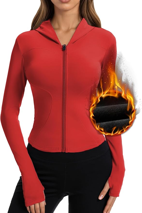 Women Bbl Jackets with Hood Compression Workout Tops Lined or Unlined Lightweight Yoga Gym Jacket with Thumb Hole