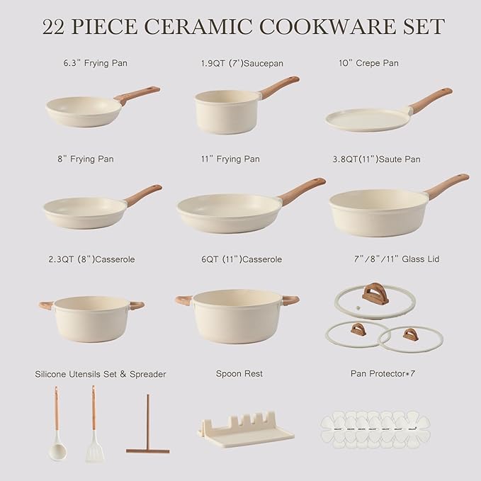 22 Pcs Pots and Pans Set Non Stick Non-Toxic Ceramic Kitchen Cookware Sets Nonstick Pot&Pan With Lid Cream White Granite Induction Compatible with Glass Lids Crepe