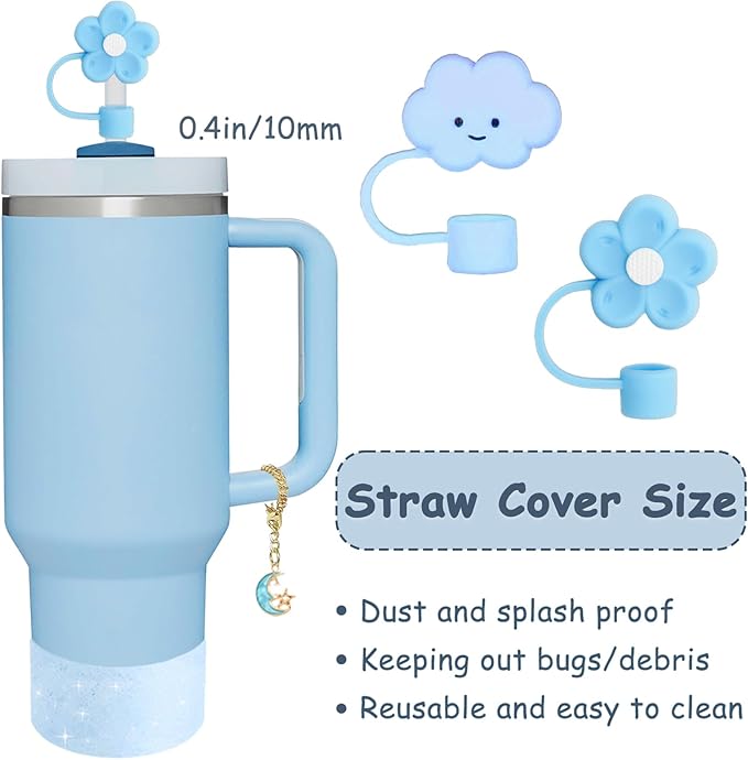 Stanley Cup Accessories Set,Including 2 Pcs 0.4in Straw Cover, 1 Silicone Spill-Proof Stopper Set of 3, 1 Cute Moon Handle Charm, 1 Silicone Boot Fits Stanley 40&30 Oz Tumbler (Blue 2.0)