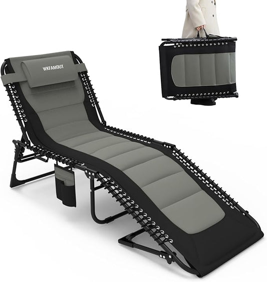 Oversized Padded Outdoor Folding Lounge Chair for Adults 330Ibs Patio Chaise Lounge for Outside 5-Position Adjustable Reclining Beach Chair with Pillow Pocket