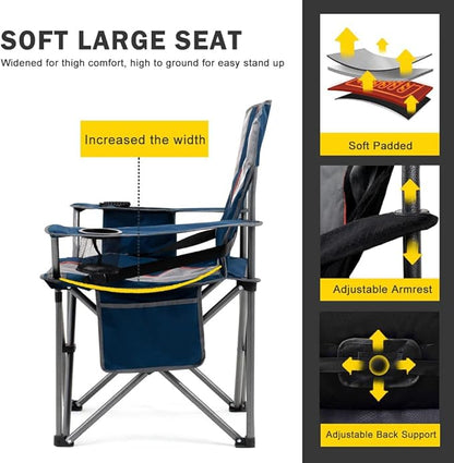 FAIR WIND Oversized Fully Padded Camping Chair with Lumbar Support, Heavy Duty Quad Fold Arm Chair with Cooler Bag - Support 450 LBS，Blue
