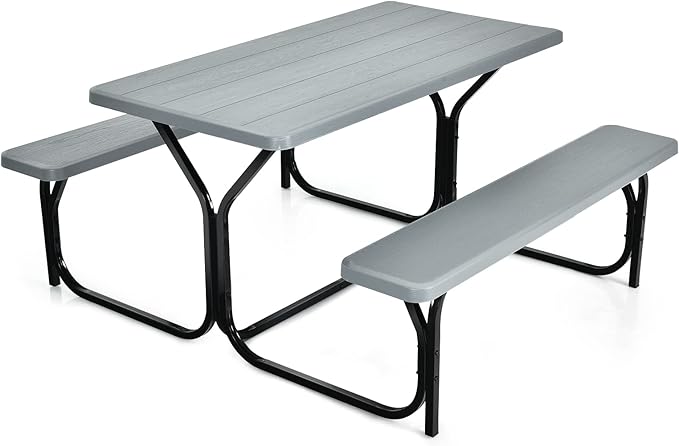 Tangkula Picnic Table Bench Set, Outdoor Picnic Table with 2 Benches, Metal Camping Table with Plastic Wood-Like Texture Tabletop & Steel Frame, Ideal for Picnic, Party, Garden, Lawn (Grey)