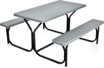 Tangkula Picnic Table Bench Set, Outdoor Picnic Table with 2 Benches, Metal Camping Table with Plastic Wood-Like Texture Tabletop & Steel Frame, Ideal for Picnic, Party, Garden, Lawn (Grey)