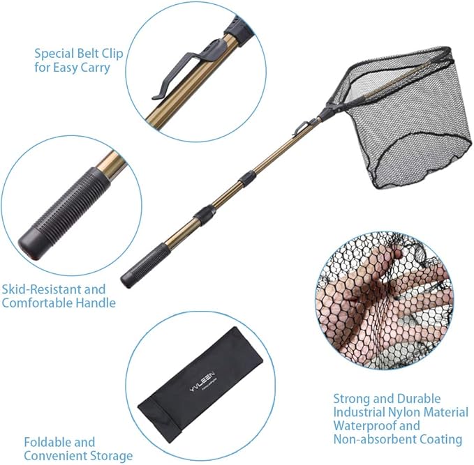 YVLEEN Folding Fishing Net - Foldable Fish Landing Net Robust Aluminum Telescopic Pole Handle and Nylon Mesh 16inch Hoop Size