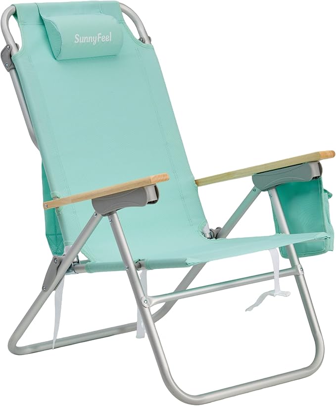 SUNNYFEEL High Back Folding Beach Chair, Tall Beach Chair with 3 Reclining Position, Portable Camping Chair for Adults, Wood Armrest, Lightweight Camping Chair 300 lbs Heavy Duty, Green