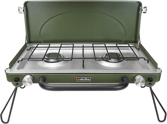 ONLYFIRE Portable Camping Stove 2-Burner, Propane Camp Stove with Foldable Legs, Camping Grill Stove with Adjustable Burners, Heavy-Duty Latch & Handle for Camping Tailgating RV BBQ, Green