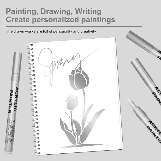 Acrylic Paint Pens Waterproof Markers 6 Silver Permanent Marker Pens Acrylic Pens for Rock Painting Glass Stone Ceramic Metal Fabric Pebble Painting pens Craft Supplies