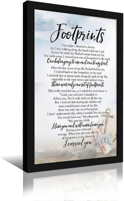 Footprints in the Sand Religious Canvas Wall Art Posters, Inspirational Beach Sunset Poem Print Poster (Black Framed 16x24inch, Footprints(6))
