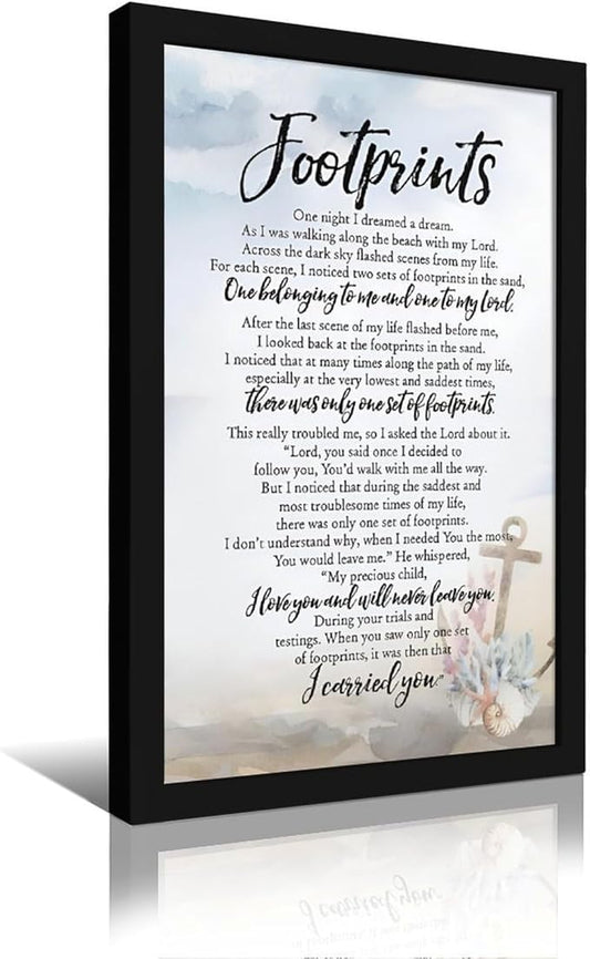 Footprints in the Sand Religious Canvas Wall Art Posters, Inspirational Beach Sunset Poem Print Poster (Black Framed 16x24inch, Footprints(6))