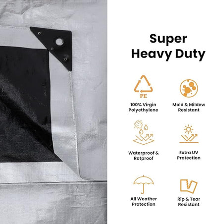 WHITEDUCK Super Heavy Duty Poly Tarp Cover 16 Mil & 10 Mil with Grommets and Reinforced Edges (Brown, White & Silver Black) (Silver Black- 16 Mil, 12' x 20')