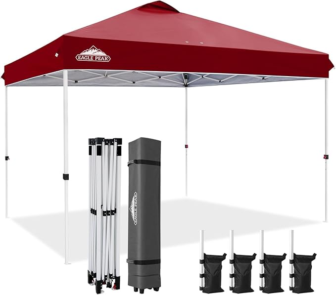 EAGLE PEAK Pop Up Canopy Tent with Wheeled Carry Bag, 8 Stakes, 4 Ropes, 4 Weight Bags, Easy Set Up Tent Canopy, 12x12 ft, 144sqft of Shade, Burgundy