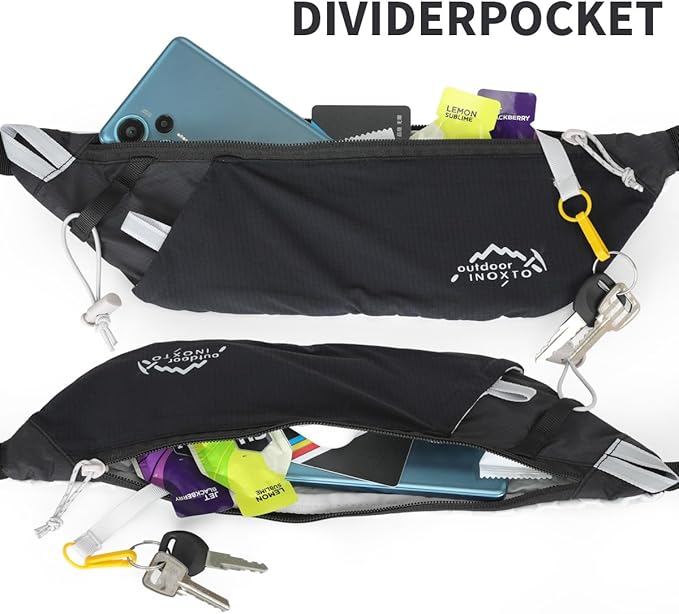 INOXTO Slim Running Belt Fanny Pack for Women and Men Sports Waist Bag Pack with 300ml Water Bottle for Running Walking Cycling Hiking Reflective Running Pouch Belt for All Phones (Black)