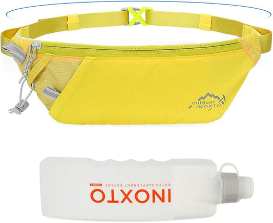 INOXTO Slim Running Belt Fanny Pack for Women and Men Sports Waist Bag Pack with 300ml Water Bottle for Running Walking Cycling Hiking Reflective Running Pouch Belt for All Phones (Yellow)