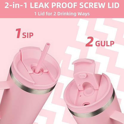 BJPKPK Insulated Tumbler with Handle, 18oz Insulated Tumblers with Lid and Straw, Stainless Steel Metal Water Bottles, Coffee Travel Mugs, Cups, Light Pink