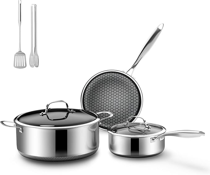 7-Piece 5 Ply Stainless Steel Cookware Set with Lids, Pots and Pans Set Non Stick, Non-Toxic, for Induction, Oven, Dishwasher Safe, RV Essentials, Kitchen Appliances
