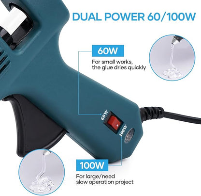 Glue Gun, 60/100W Hot Glue Gun Full Size(Not Mini) with 15 Pcs Hot Glue Sticks (0.43 X 7.87 inch) for School Crafts DIY Arts Quick Home Repairs, 60/100W(Green), HL-E 20W