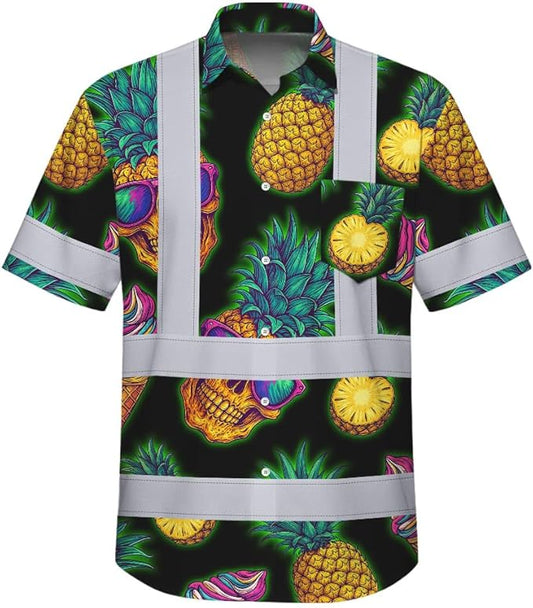 High Visibility Hawaiian Shirt for Men Tropical Shirts Custom Name Floral Outfit Reflective Safety Workwear