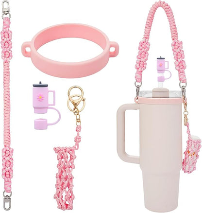 Outman Cup Accessories Set Water Bottle Holder Sling,Siliocne Straw Cover,Lipstick Holder Fits Most 16-40oz Water Bottles Compatible with Stanley Cup
