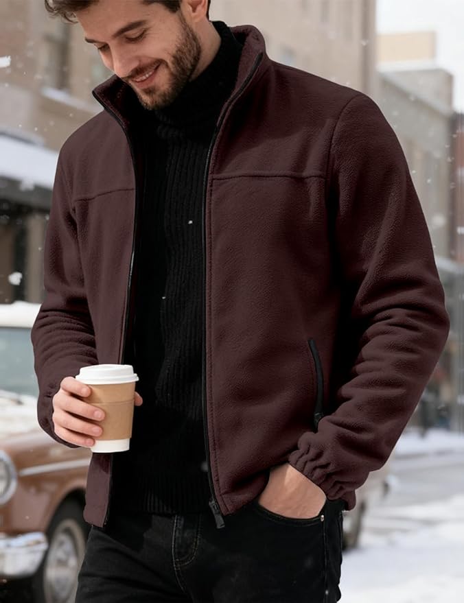 Mens Polar Fleece Jacket Full Zip Lightweight Casual Outdoor Jackets Stand Collar Warm Coats with Pockets