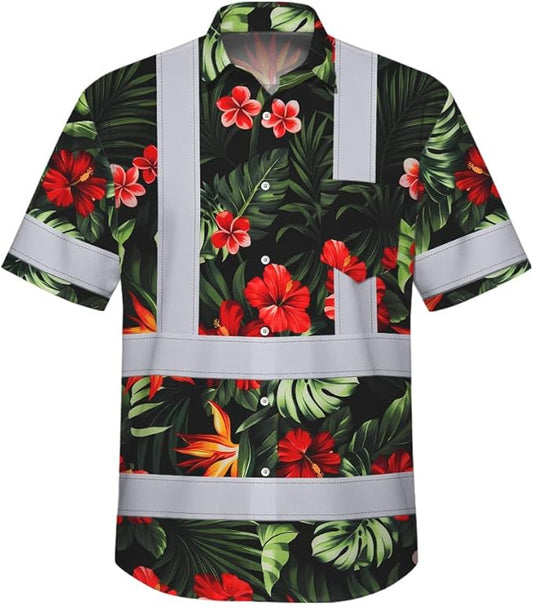 High Visibility Hawaiian Shirt for Men Tropical Shirts Custom Name Floral Outfit Reflective Safety Workwear