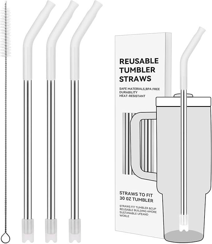 Reusable Metal Straws with Silicone Tip for Stanley 30oz,Stainless Steel Drinking Straws for 30oz Tumbler,3 Straight Tubes & 6 Tips& 1 Cleanr Brush (Transparent)