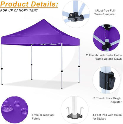10x10 Pop Up Canopy Tent for Outdoor Commercial Instant Sun Shelter,Purple