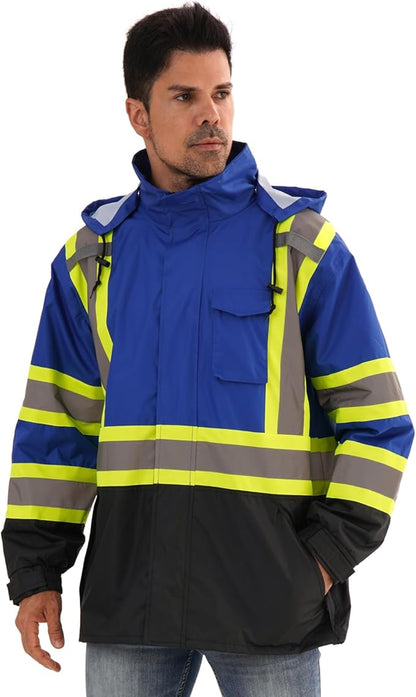 Reflective Rain jackets for men waterproof,Hi Vis Safety Coat With Reflective Strips，High Visibility Class 3 Rain jackets With 2 large pockets，Zipper,Blue,2XL/3XL