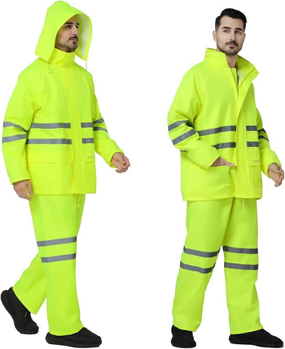 Rain Suit, High Visibility Reflective Safety Jacket, Lightweight Rain Gear, Waterproof Rain Jacket with Pants