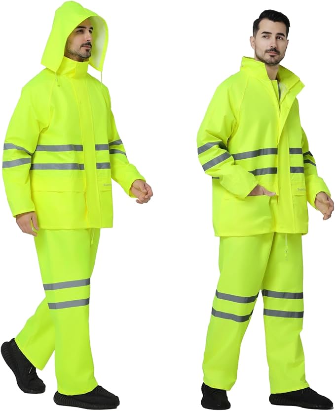 Rain Suit, High Visibility Reflective Safety Jacket, Lightweight Rain Gear, Waterproof Rain Jacket with Pants