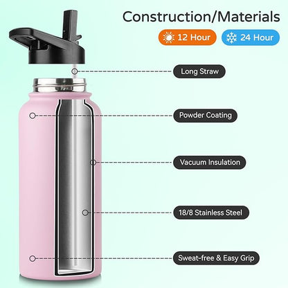DOMICARE 32 oz Insulated Water Bottle, Vacuum Insulated Stainless Steel Sports Water Bottle with Straw Lid & Spout Lid, Leakproof, Reusable - Travel, Camping, Bike, Pink