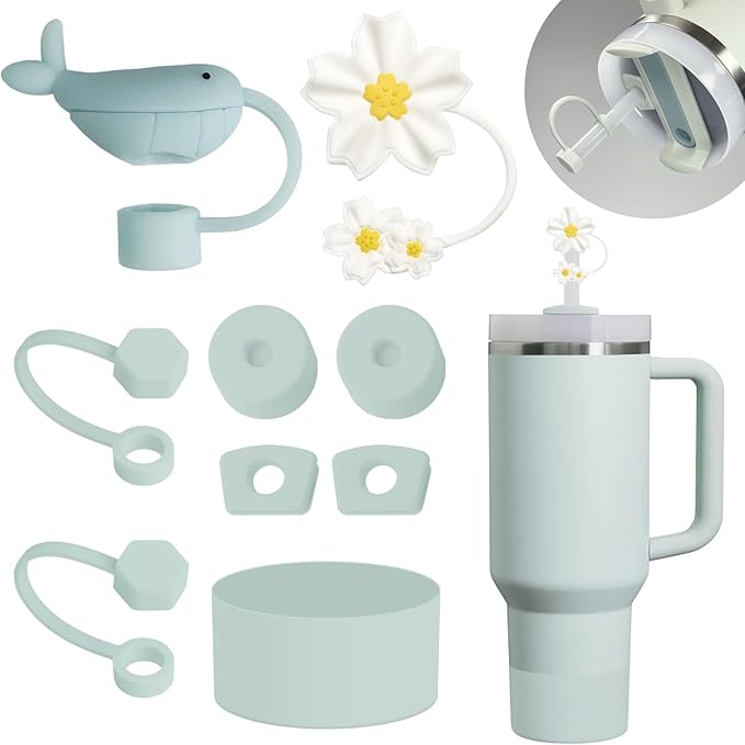 Stanley Cup Accessories Set Including 6 Pcs Silicone Spill Proof Stopper, 2 Pcs Straw Cover Cap for 9-10 mm Straws, 1 Pcs Silicone Boot for Stanley Cup 40oz & 30oz Tumbler(Mist)