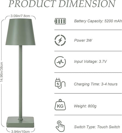 HASUN 2 Pack Cordless Table Lamp, Portable LED Desk Lamp, 5200mAh Battery Operated Lights, 3 Color Stepless Dimming Up, Night Light for Bedroom/Date/Bars/Cafe/Camping (Green 2Pack)
