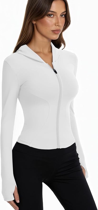 Women Bbl Jackets with Hood Compression Workout Tops Lined or Unlined Lightweight Yoga Gym Jacket with Thumb Hole