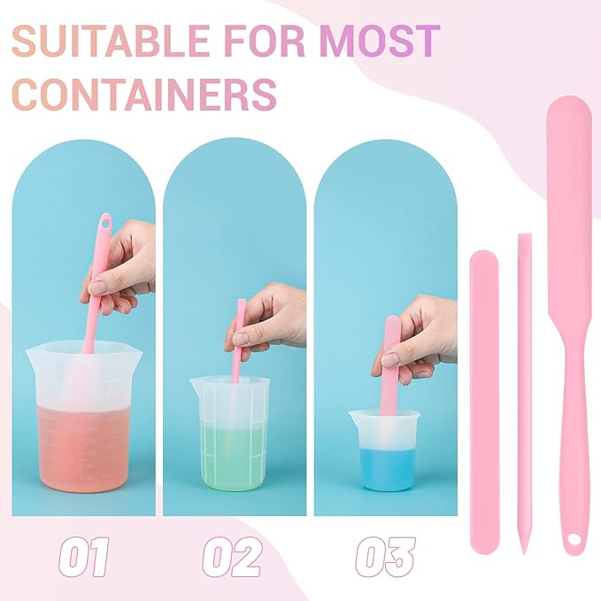 Gartful 6PCS Silicone Stir Sticks Kits, 2pcs Spatula Scraper, 2pieces Large Silicone Sticks, 2pack Pointed Stir Rods, Reusable DIY Craft Tool for Mixing Resin, Paint, Liquid, Pink