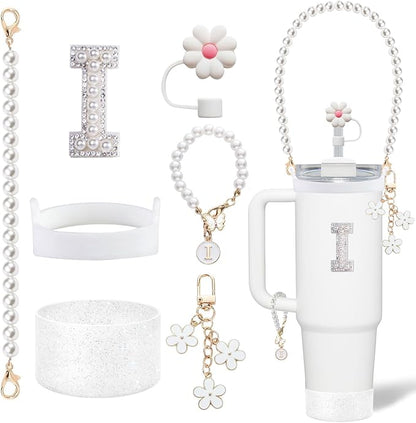 Stanley Cup Accessories Set - Including Water Bottle Carrying Pearl Strap, Handle Letter Charms Sticker, Silicone Cups Boot Straw Cover for 40oz & 30oz Tumbler