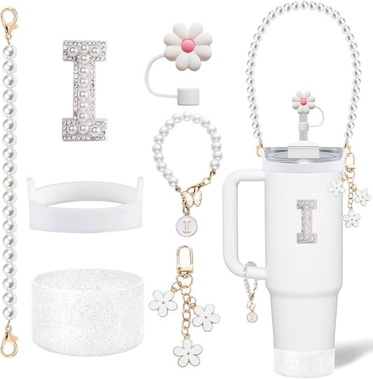 Stanley Cup Accessories Set - Including Water Bottle Carrying Pearl Strap, Handle Letter Charms Sticker, Silicone Cups Boot Straw Cover for 40oz & 30oz Tumbler